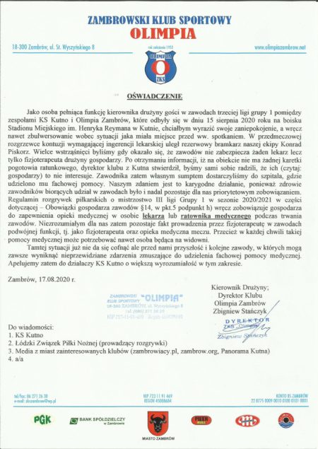 Oświadczenie kierownika Olimpii Zambrów w sprawie zabezpieczenia medycznego meczu KS Kutno – Olimpia