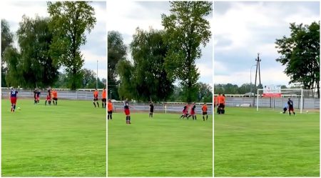 Piękny rogal zawodnika Iskry Narew! Bramkarz bez szans [FILM]